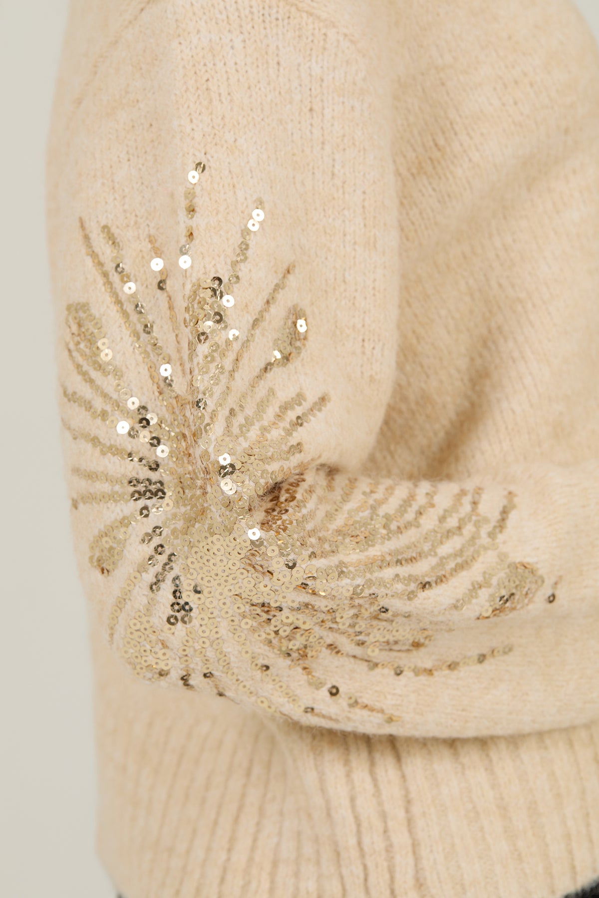 Detalle de lentejuelas en mangas de jersey de lana