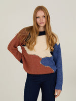 Mujer con jersey Color Block azul, crudo y negro con lentejuelas