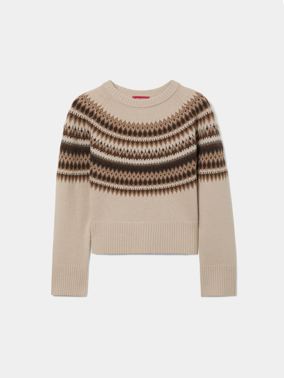 Jersey de punto con 80% lana y estampado geométrico nórdico. Diseño de manga larga, cuello redondo y acabados acanalados, ideal para el invierno.