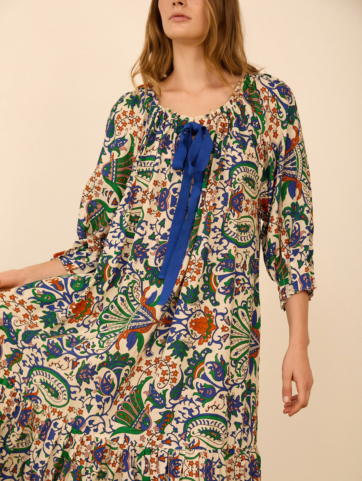 Vestido Largo estampado Algodón Escote Fruncido