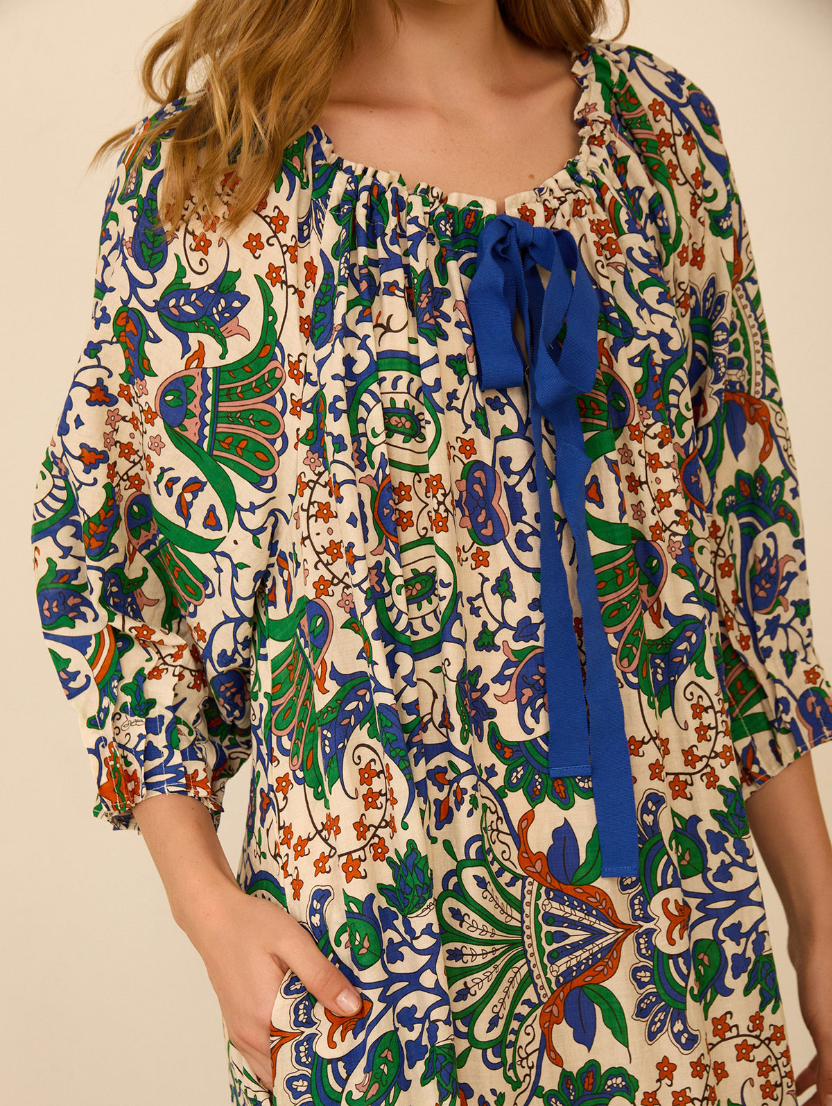 Vestido Largo estampado Algodón Escote Fruncido