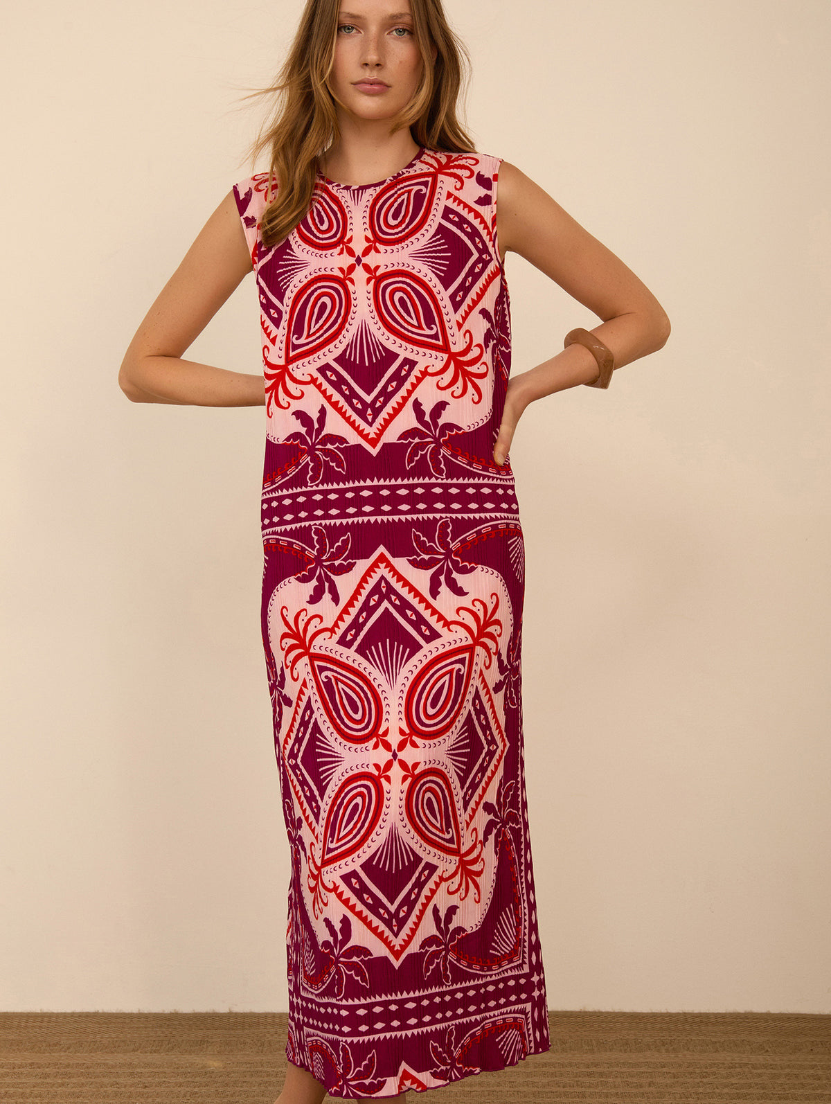 Vestido Midi Plisado Estampado Étnico