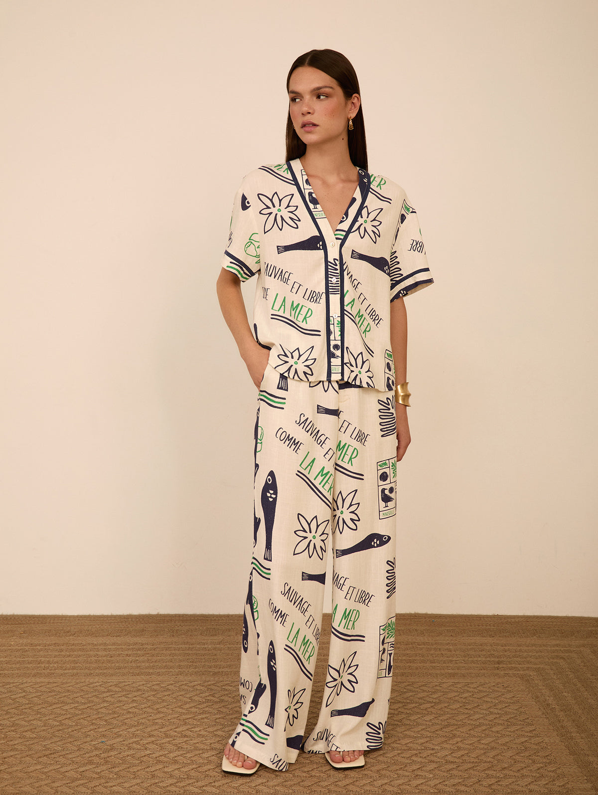 Camisa Estampada Mar con Botones Nácar