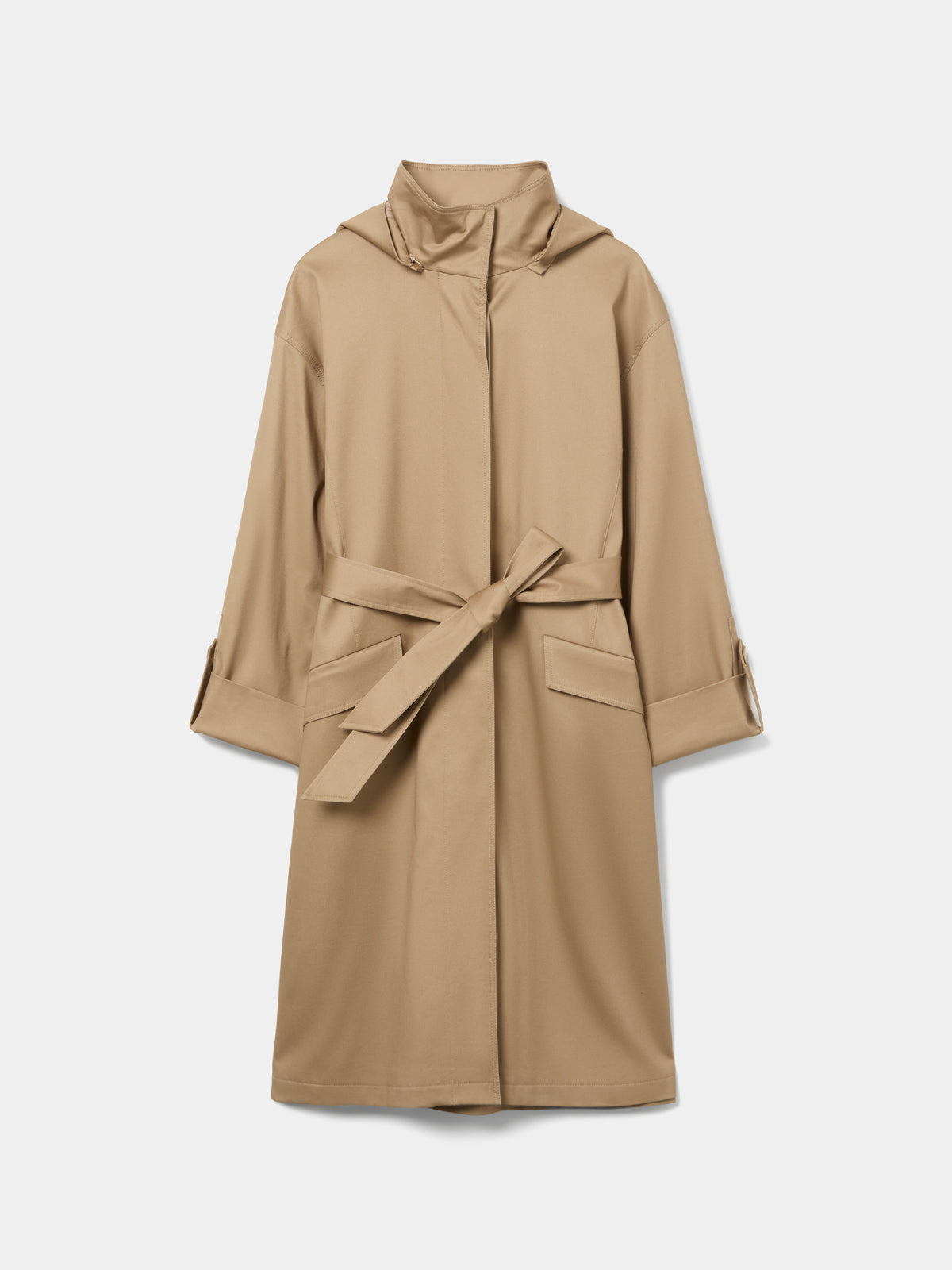 GABARDINA LARGA CON CAPUCHA Y CINTURON