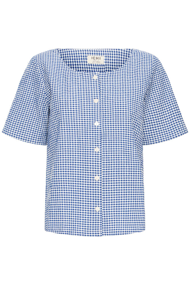 Blusa Cuadros Blanco y Azul con Botones y Manga Corta