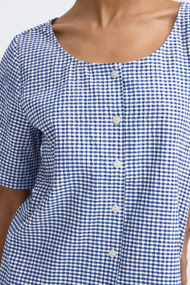 Blusa Cuadros Blanco y Azul con Botones y Manga Corta