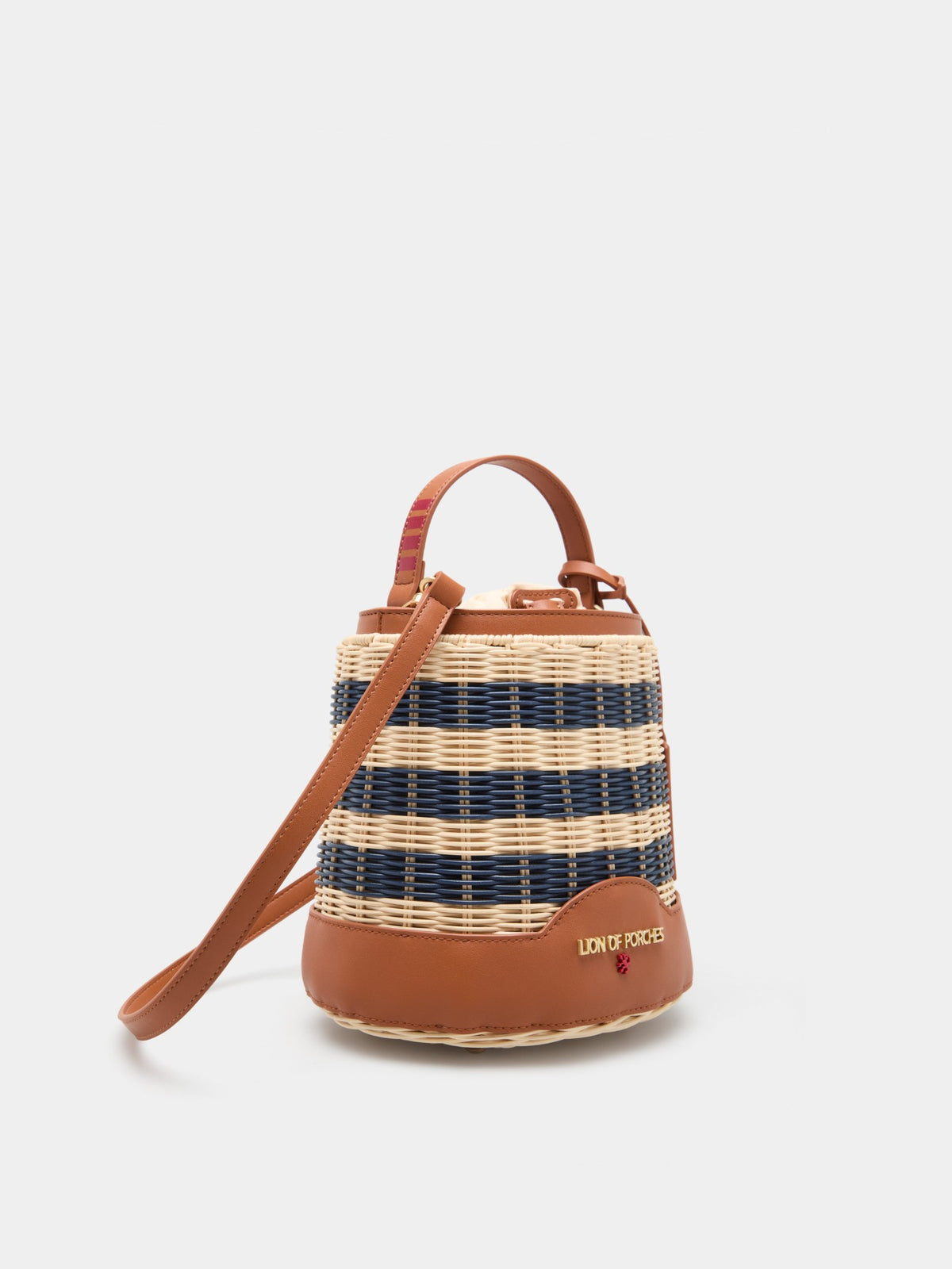 Bolso Bucket de Paja con Rayas y Detalles en Camel