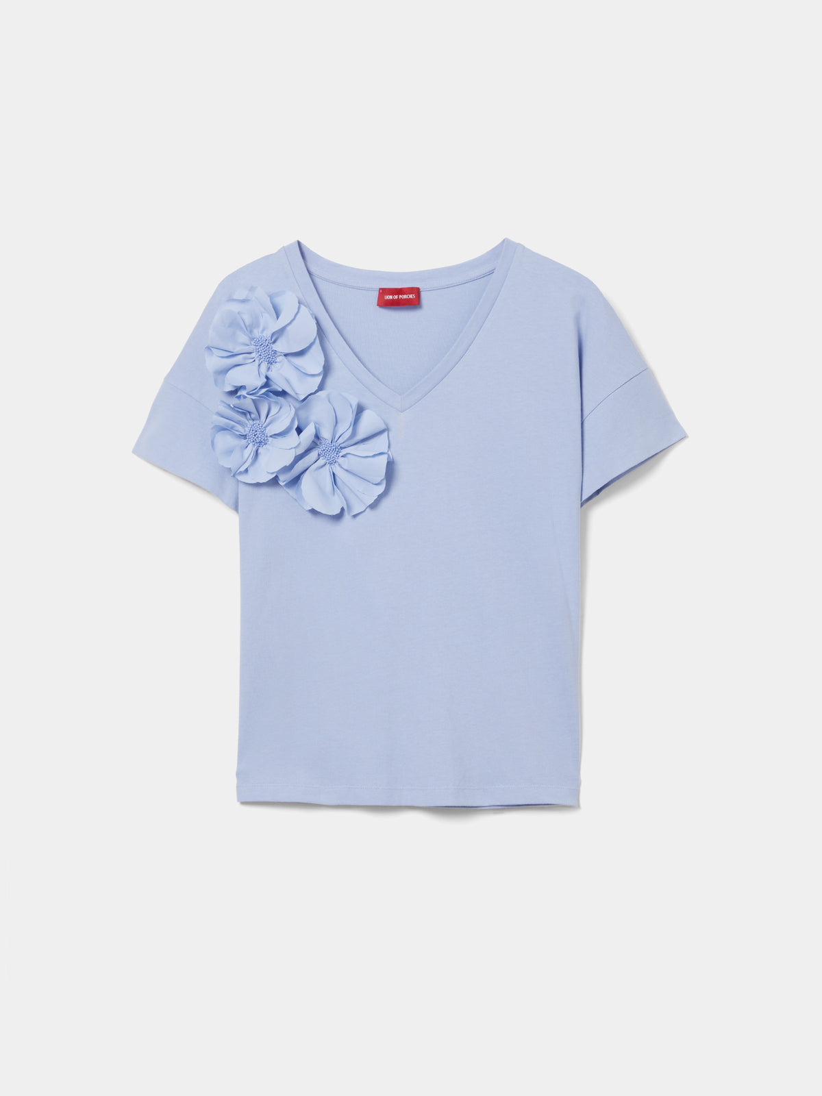 Camiseta de Algodón con Flores y Escote en Pico