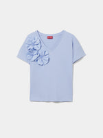 Camiseta de Algodón con Flores y Escote en Pico