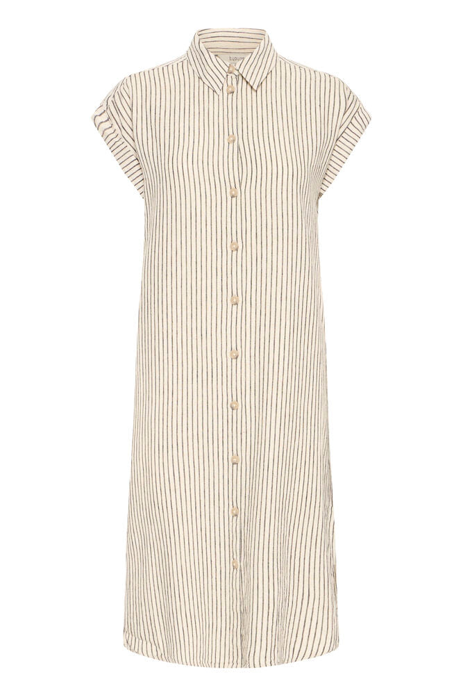 Vestido Camisero Midi Rayas en Tono Natural