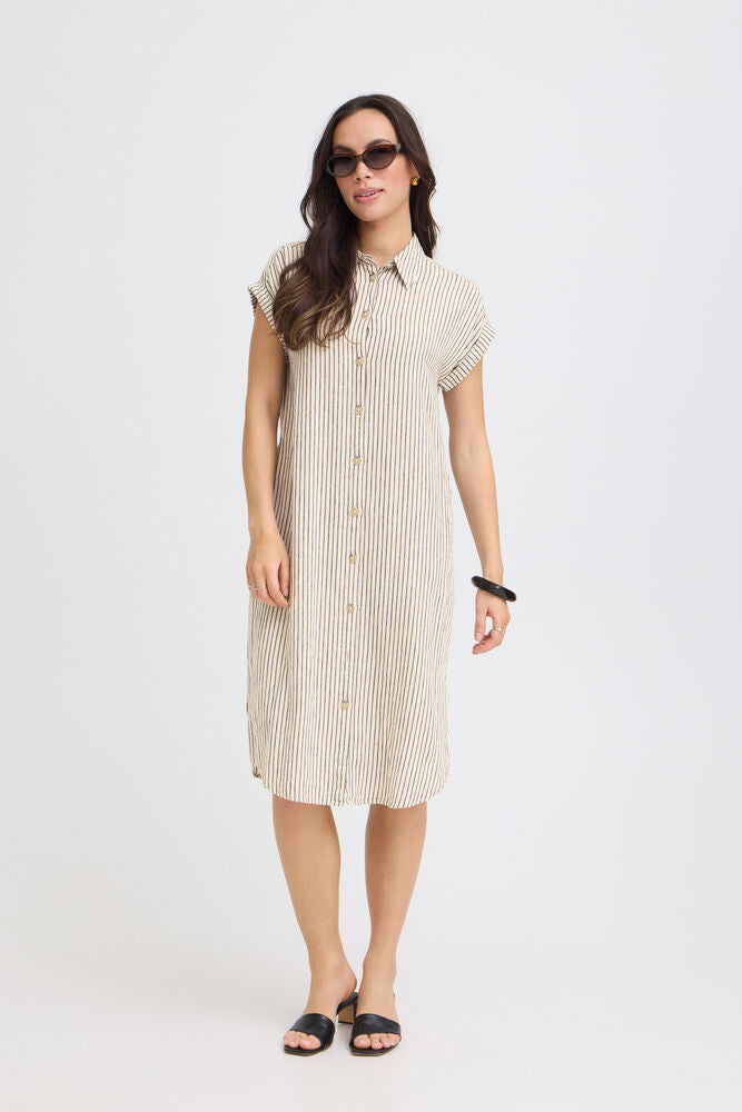 Vestido Camisero Midi Rayas en Tono Natural