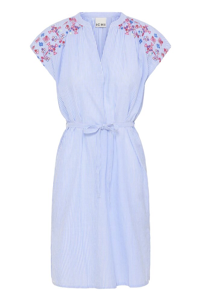 Vestido Corto de Rayas con Bordado Floral y Cinturón