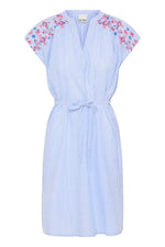 Vestido Corto de Rayas con Bordado Floral y Cinturón