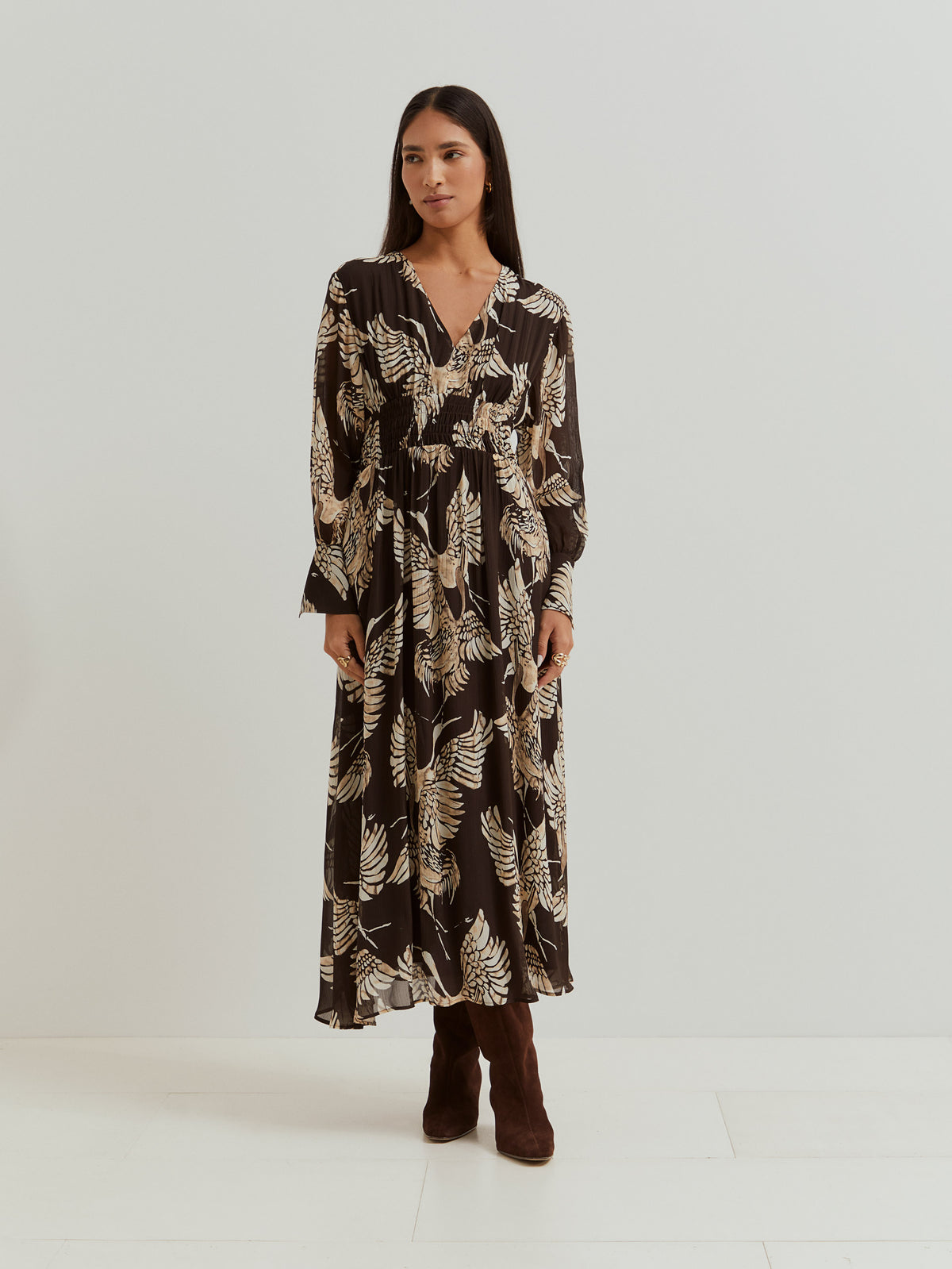 Vestido largo estampado de mujer con escote en V y cintura elástica