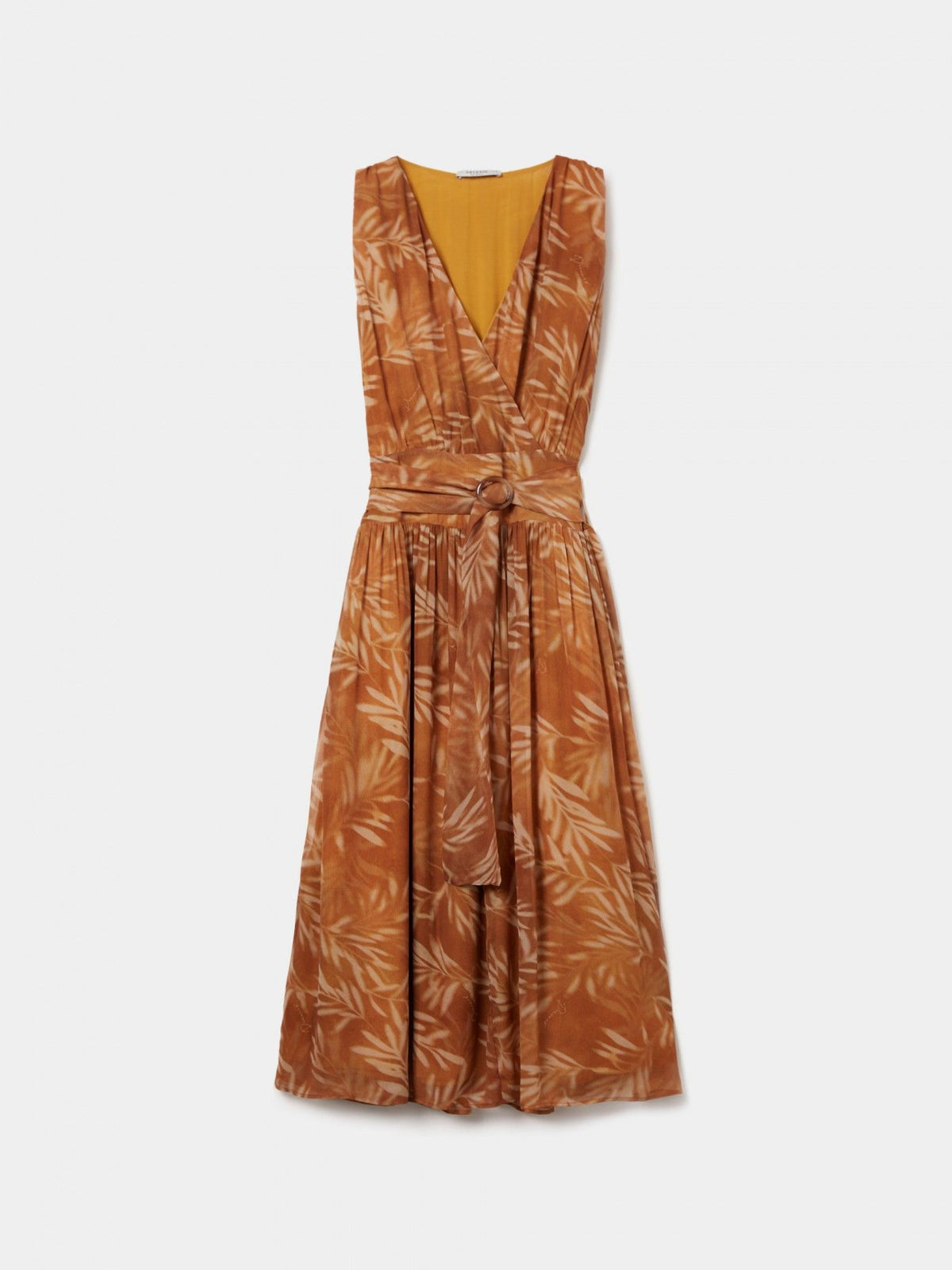 Vestido Midi Mostaza con Estampado Floral y Cinturón Ajustable