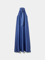 Vestido Fluido Satinado Cuello Alto con Lazo en Espalda