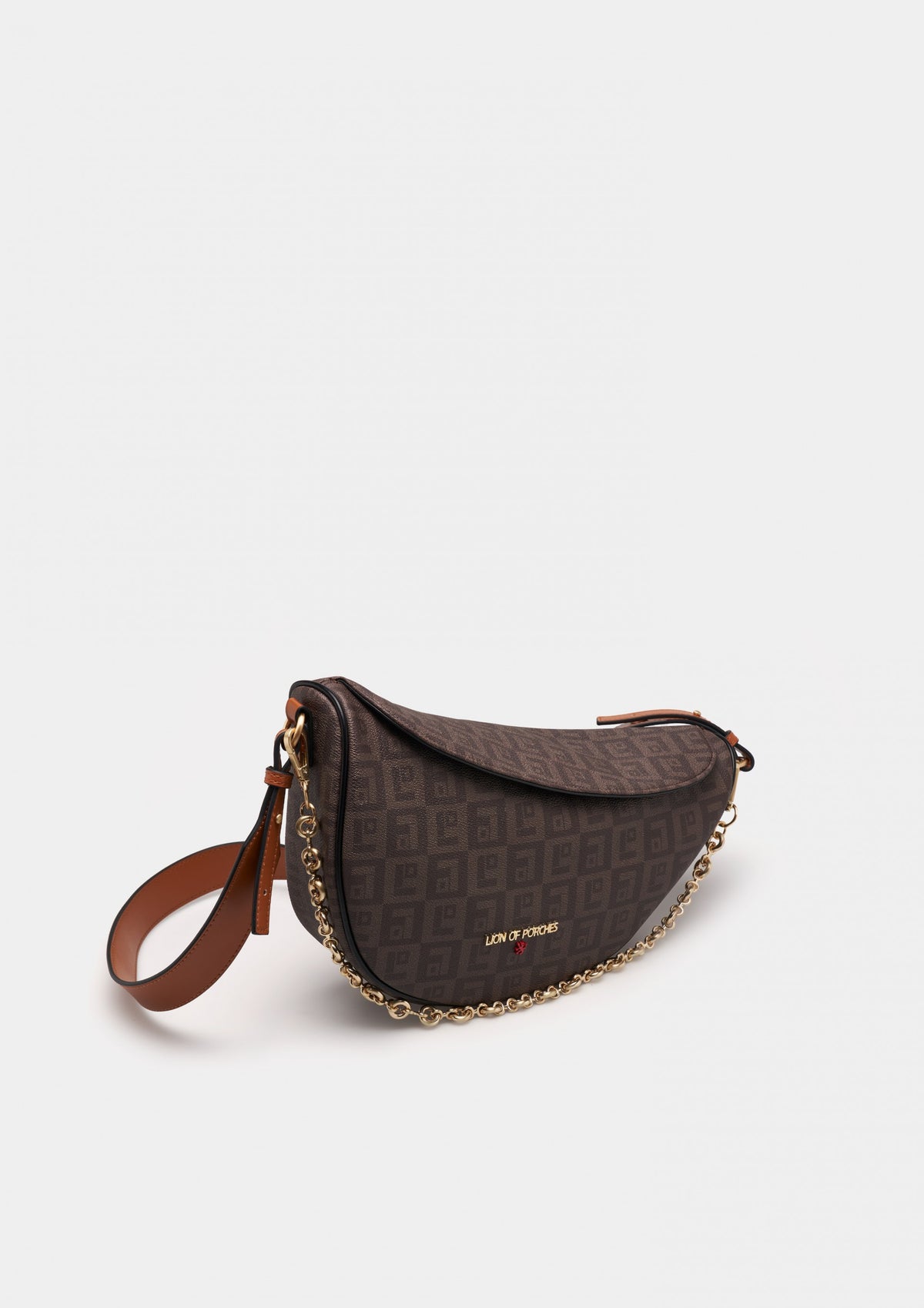 Bolso de hombro de mujer en forma de media luna con monograma y cadena dorada. Elegante, versátil y resistente para un estilo sofisticado.