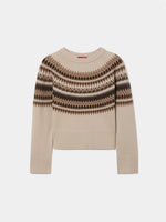Jersey de punto con 80% lana y estampado geométrico nórdico. Diseño de manga larga, cuello redondo y acabados acanalados, ideal para el invierno.
