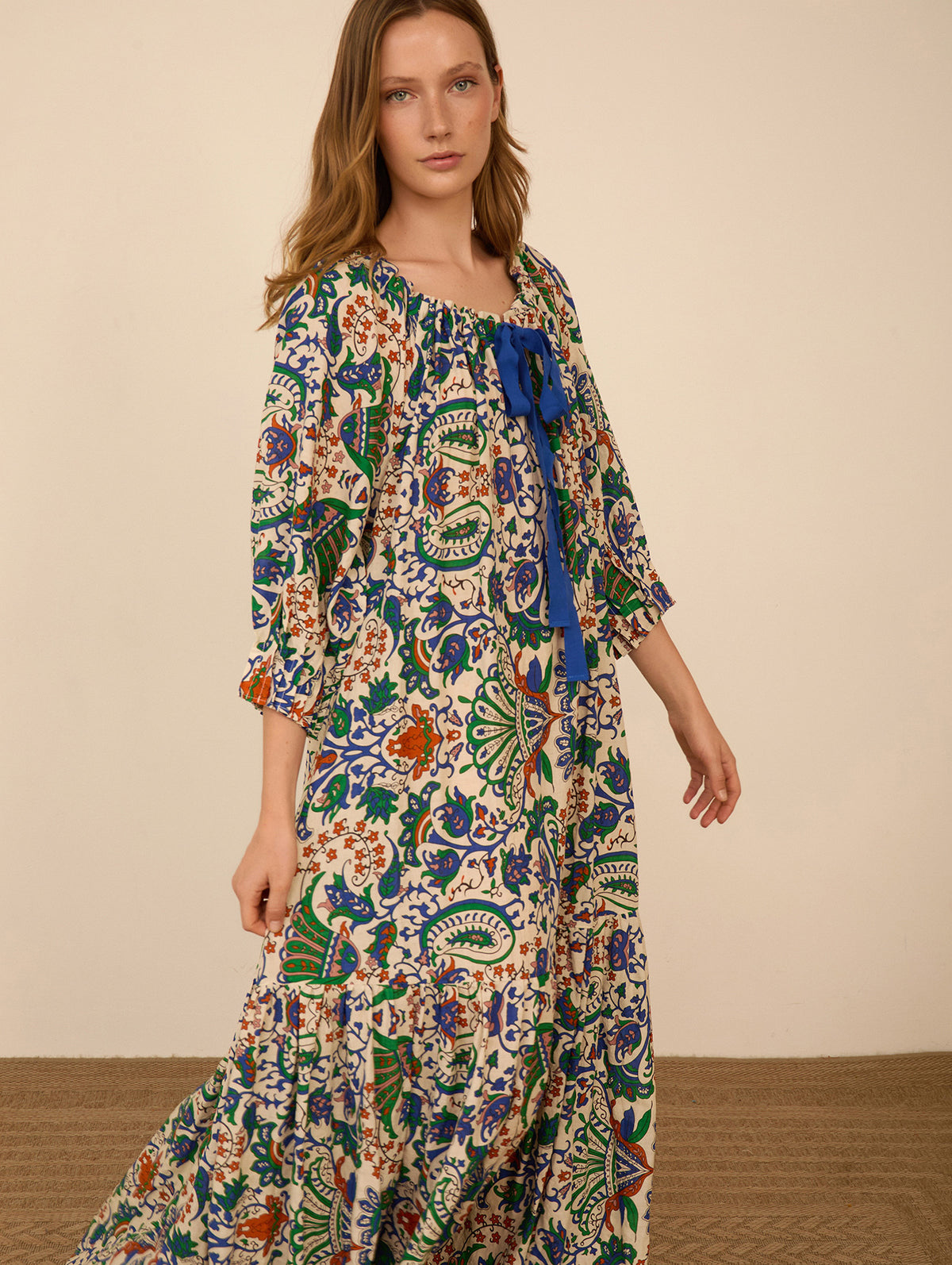 Vestido Largo estampado Algodón Escote Fruncido