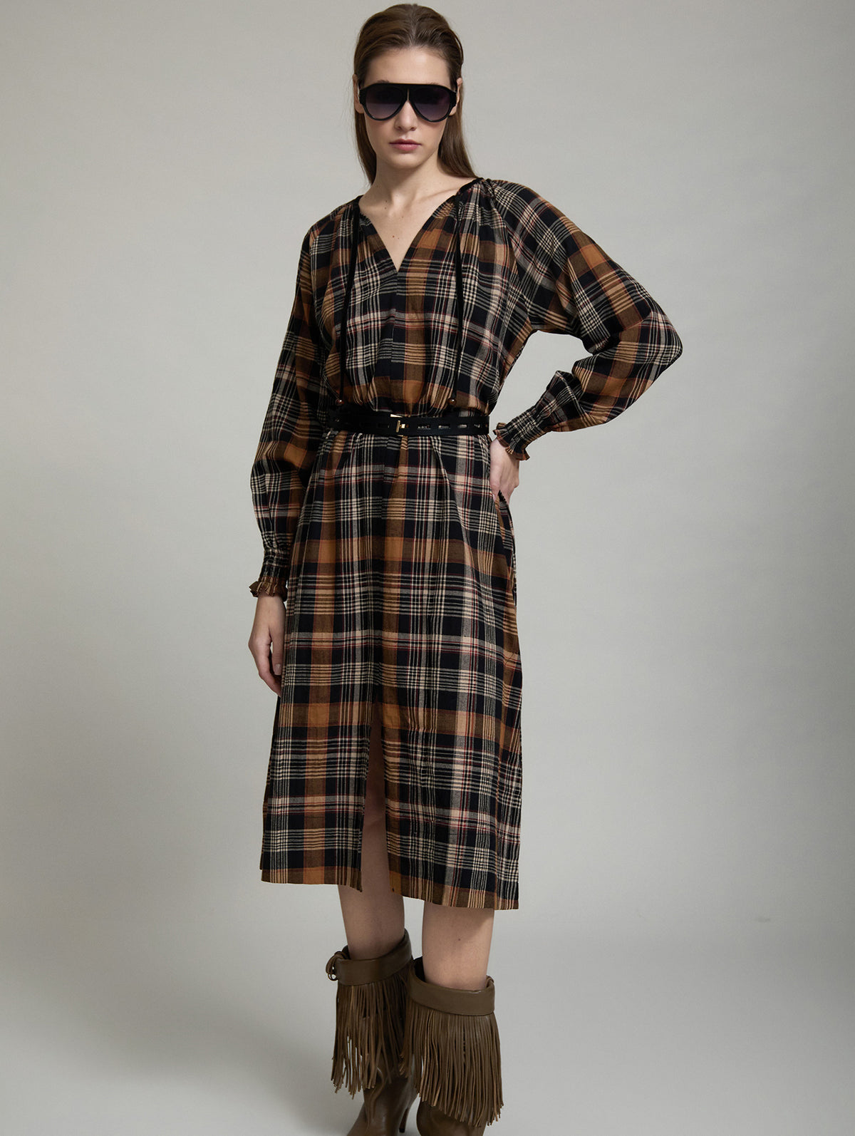 VESTIDO CUADOS ALGODON CON LAZADA DE TERCIOPELO