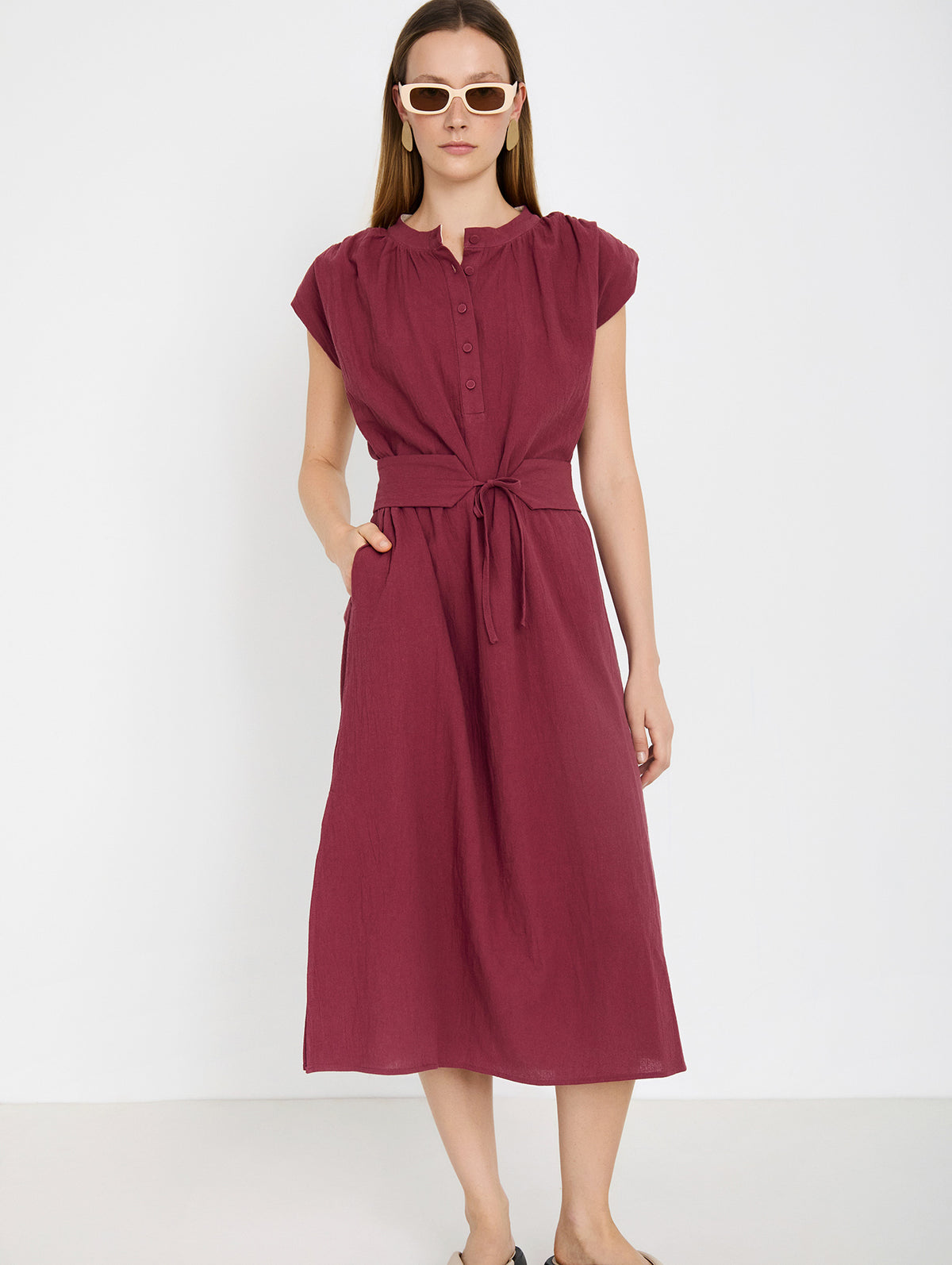 Vestido Midi de Algodón con Cinturón Fajín