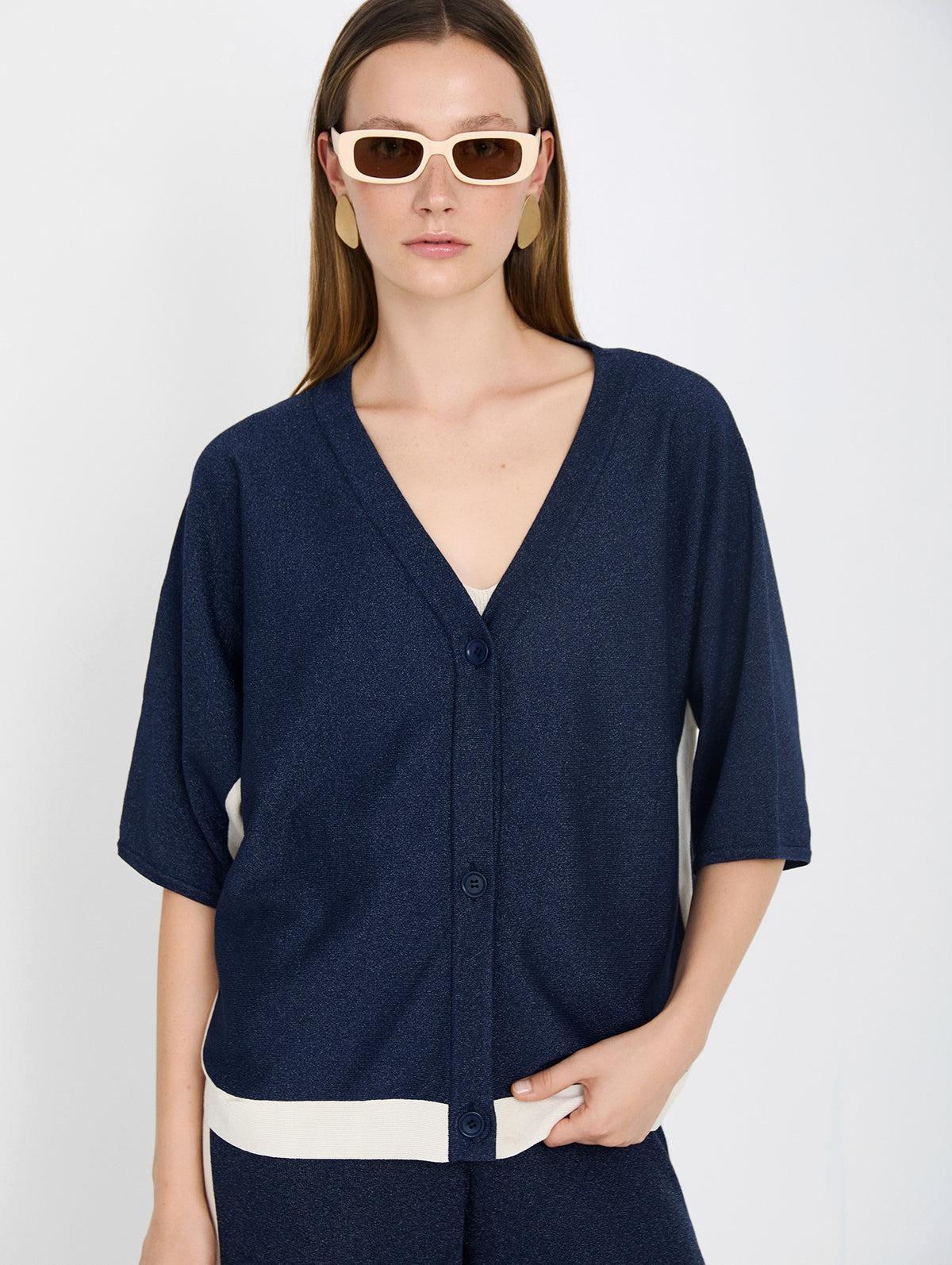Chaqueta de Punto Fino Metalizado con Escote Pico