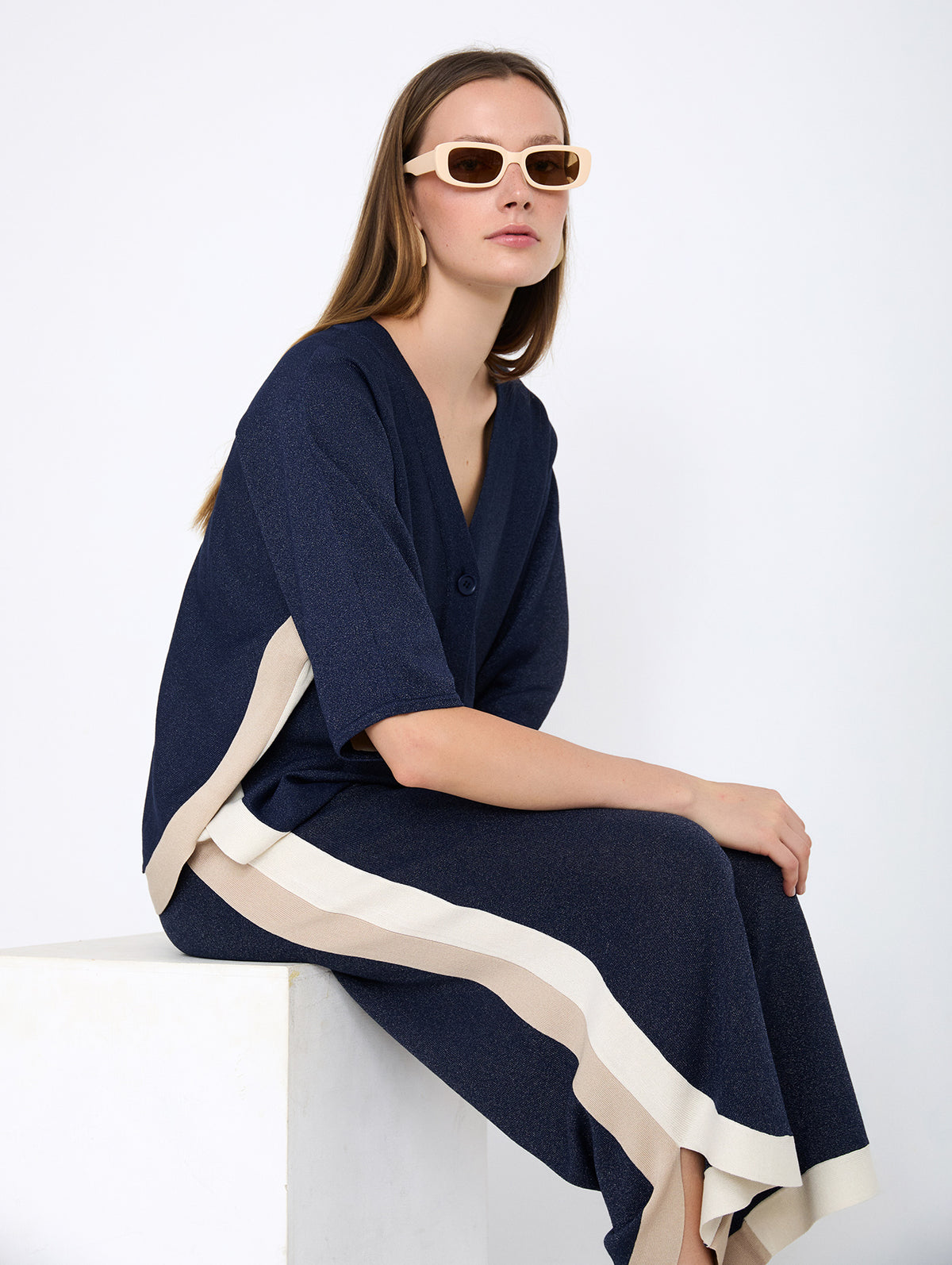 Chaqueta de Punto Fino Metalizado con Escote Pico