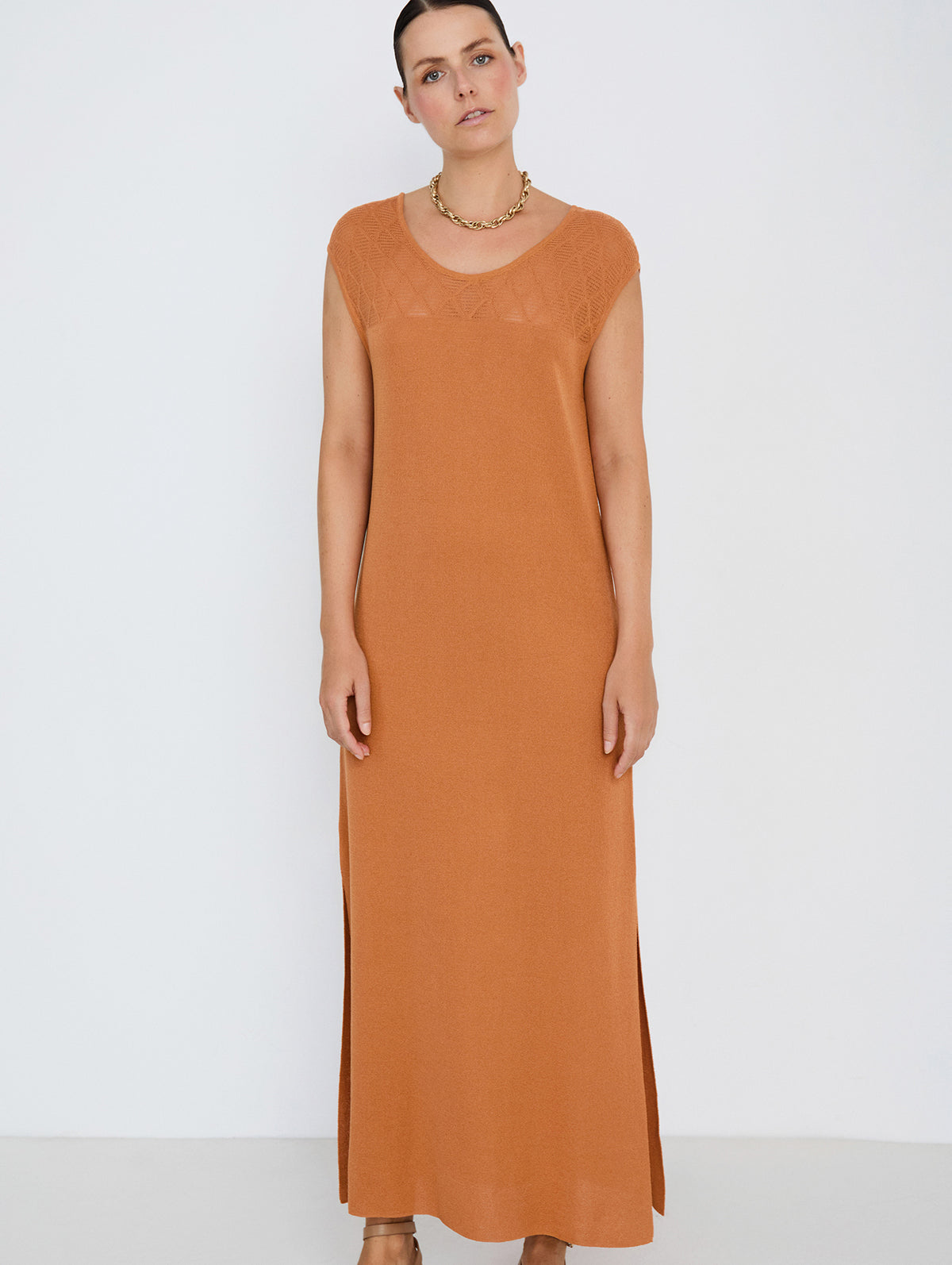 Vestido Largo de Punto con Jacquard de Rombos