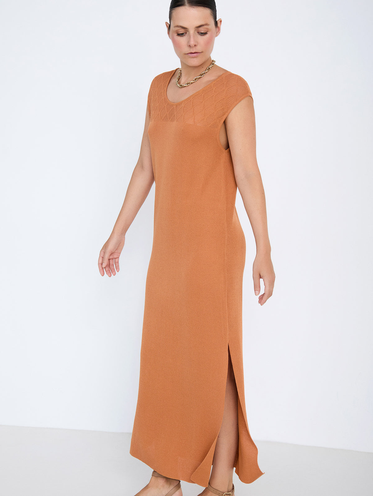 Vestido Largo de Punto con Jacquard de Rombos
