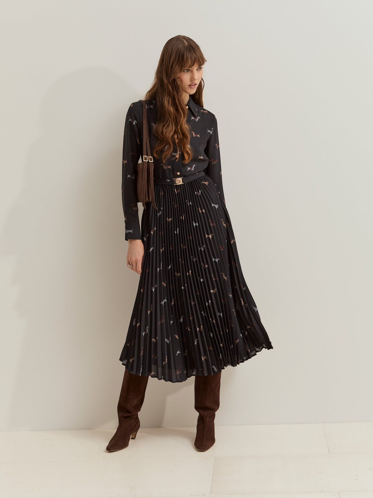 Vestido Camisero Largo con Estampado de Perros