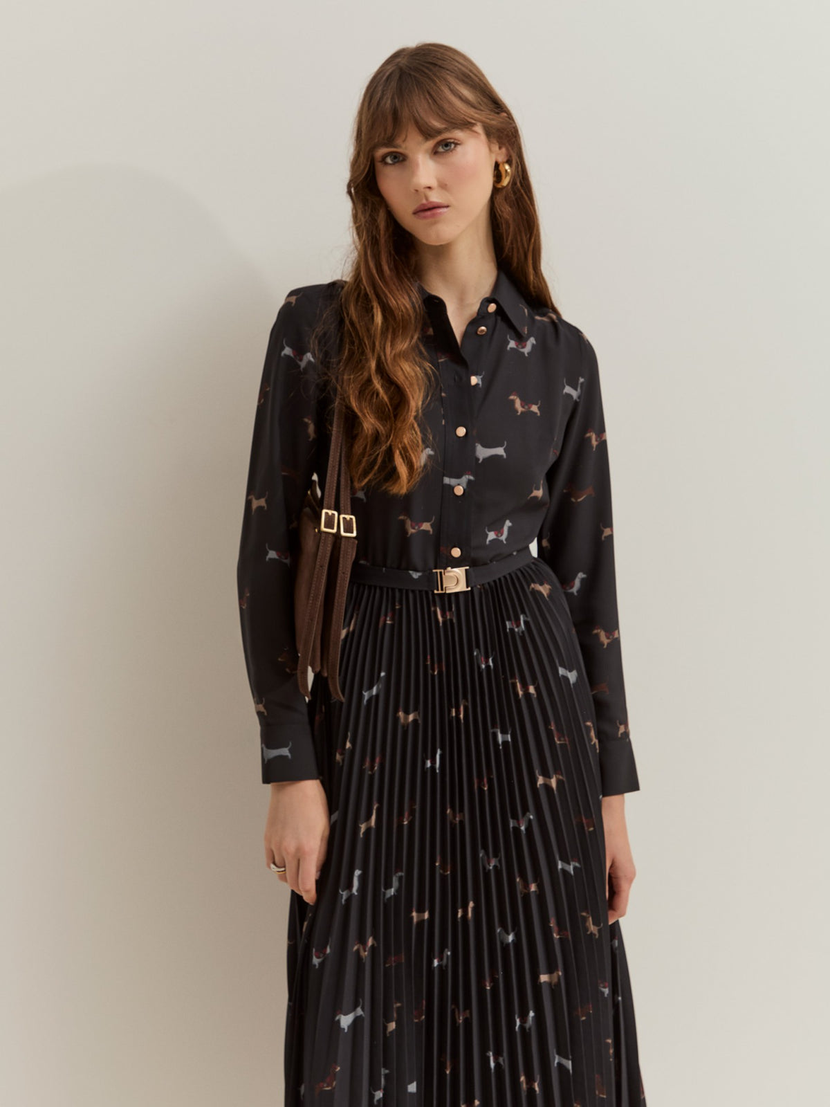 Vestido Camisero Largo con Estampado de Perros