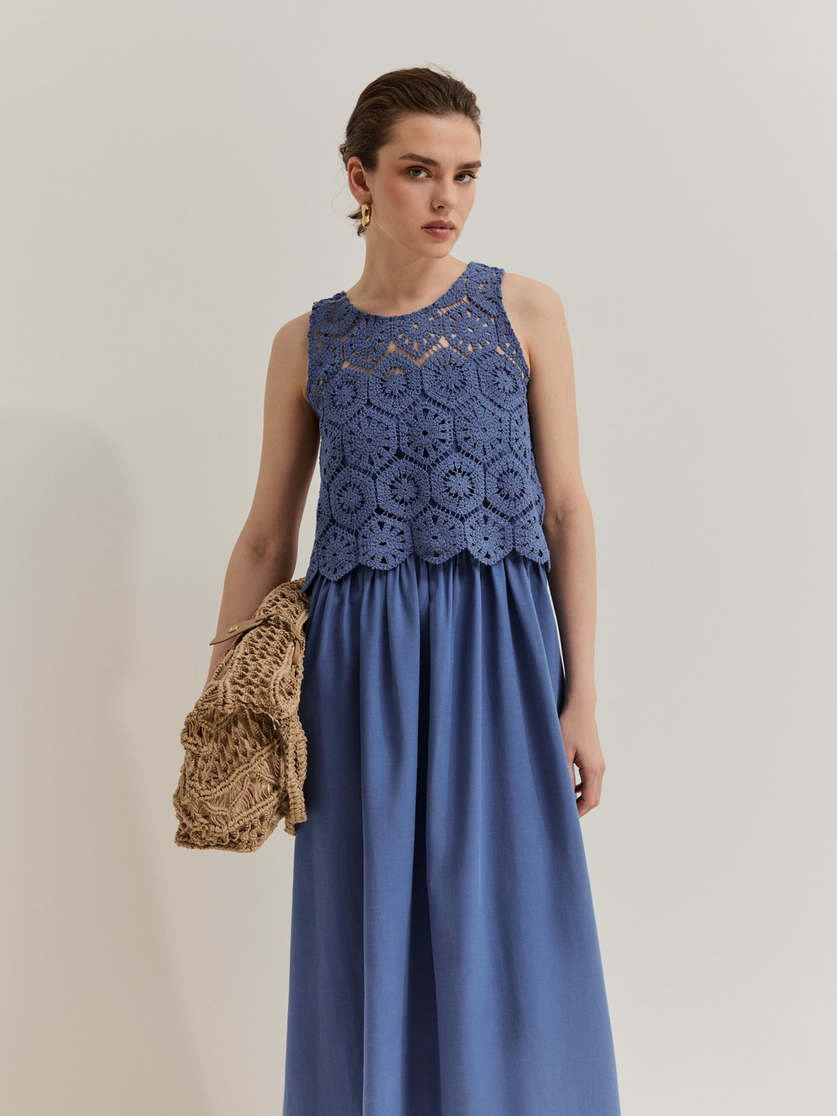 Vestido largo de lino y Tencel con top de crochet desmontable
