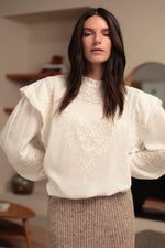 Blusa cruda con bordados florales, cenefas de encaje y mangas abullonadas sobre modelo