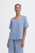 Blusa Cuadros Blanco y Azul con Botones y Manga Corta