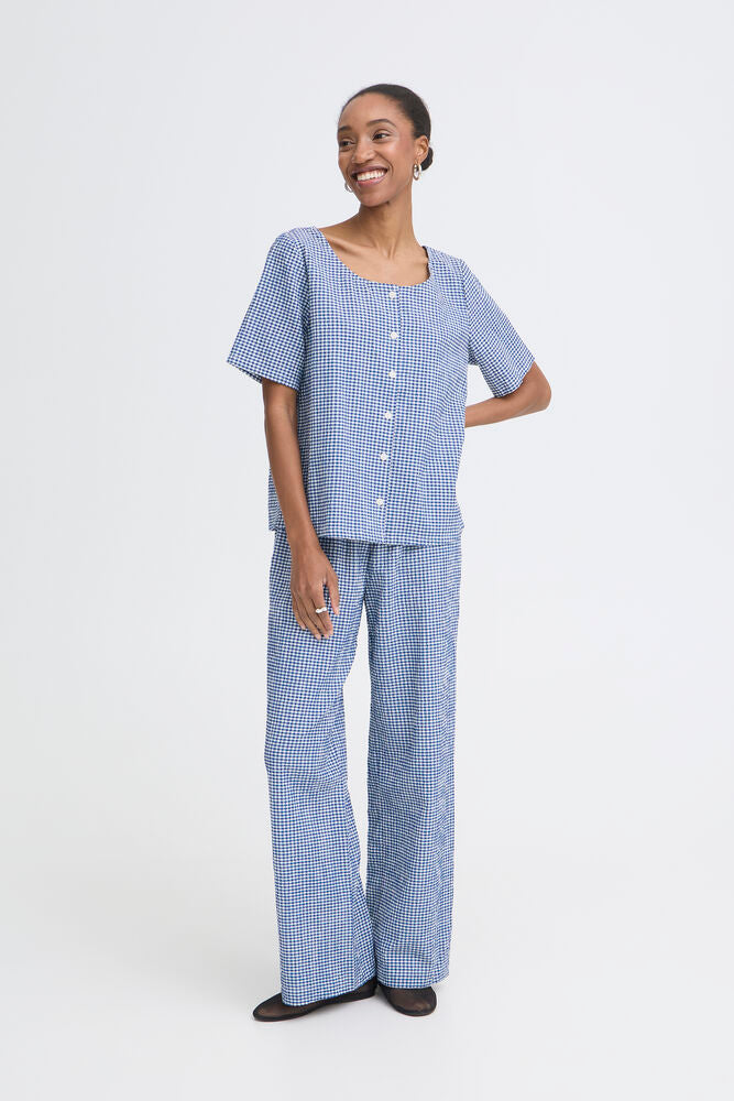 Blusa Cuadros Blanco y Azul con Botones y Manga Corta