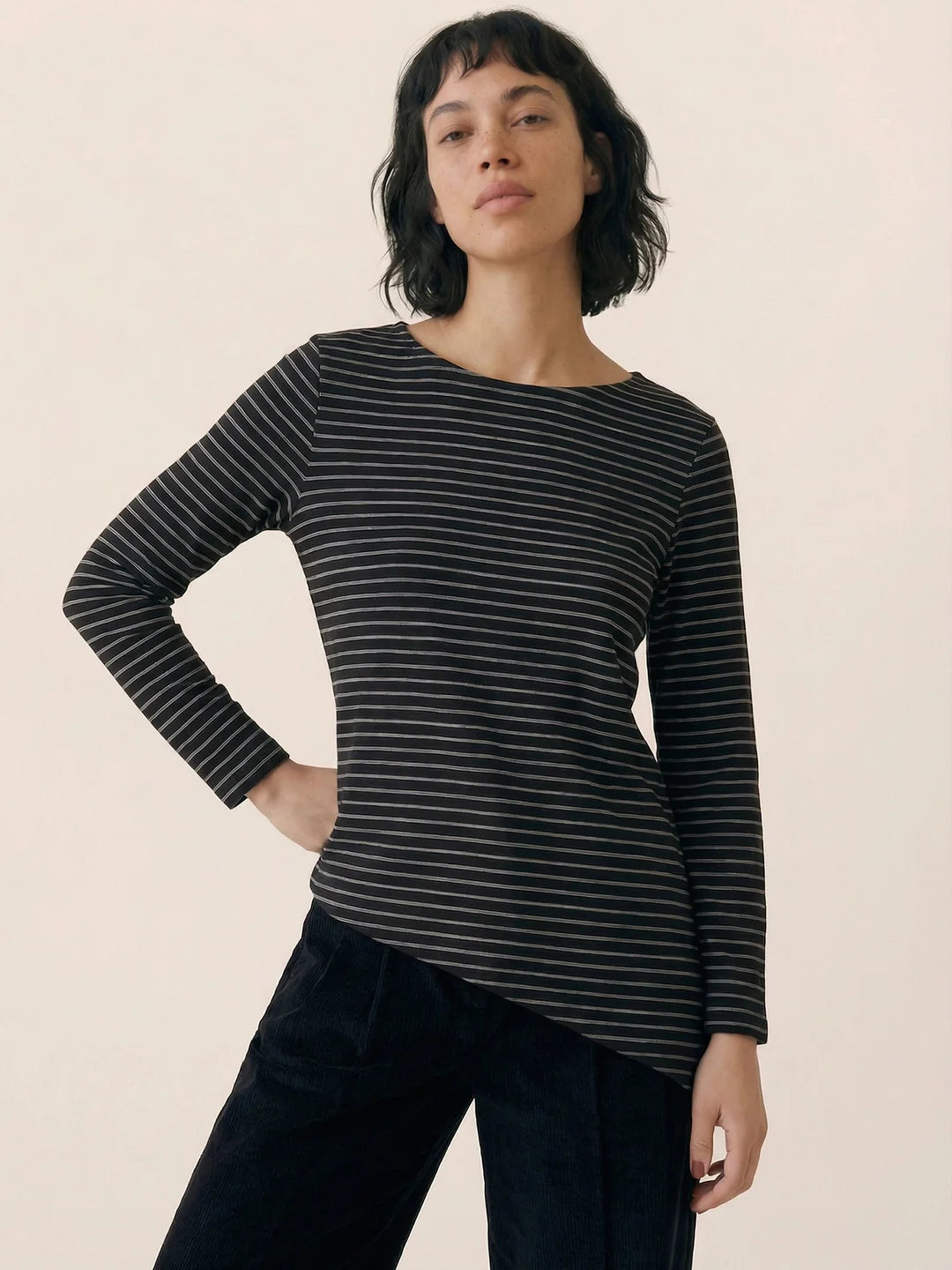 CAMISETA RAYAS CON CUELLO BARCO ASIMETRICA
