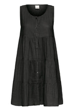 Vestido corto sin mangas con volantes y botones