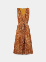 Vestido Midi Mostaza con Estampado Floral y Cinturón Ajustable