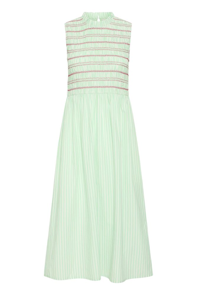 Vestido midi de rayas con cuerpo fruncido