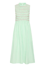 Vestido midi de rayas con cuerpo fruncido