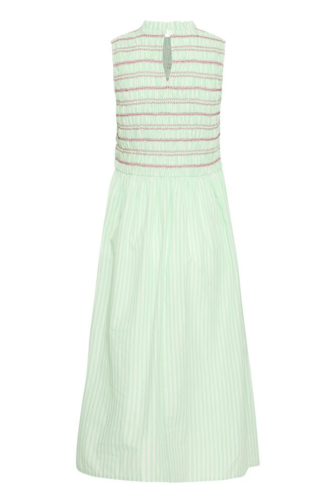 Vestido midi de rayas con cuerpo fruncido