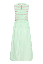 Vestido midi de rayas con cuerpo fruncido