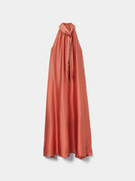 Vestido Fluido Satinado Cuello Alto con Lazo en Espalda