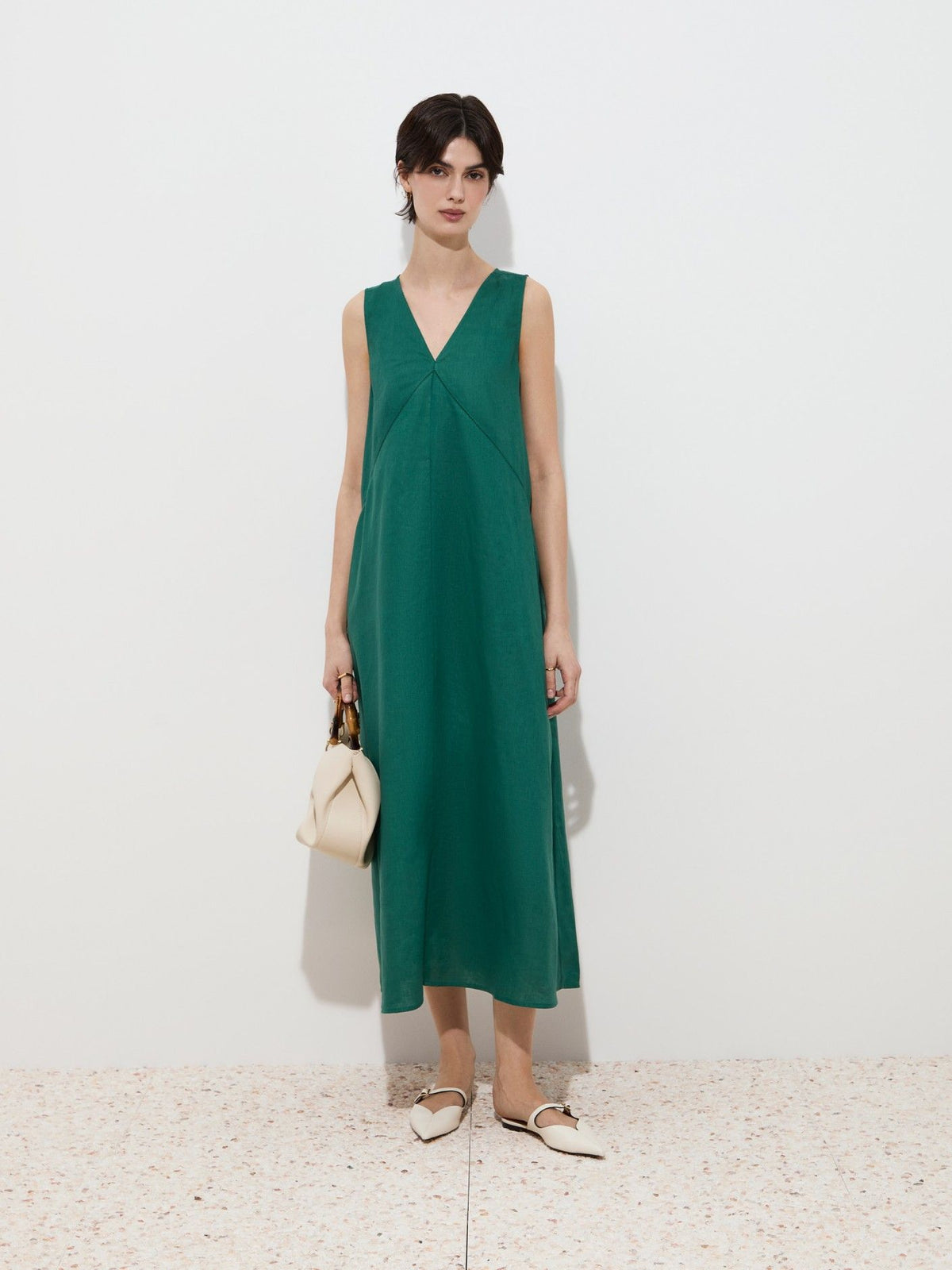 Vestido Lino sin Mangas con Escote en V